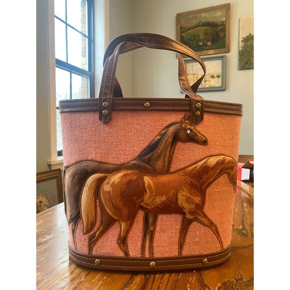 Handbags - VINTAGE Horse Equestrian Bucket Bag Purse Canvas Leather Fabric